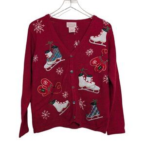 Vintage Ice Skating Cardigan Womens Size Small Red Snowflakes Winter Plaid
